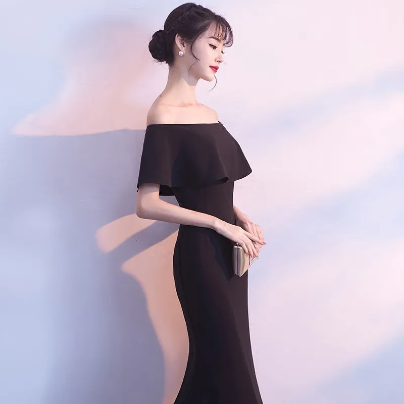 DongCMY Formal Long Black Evening Dress Backless Boat Neck Mermaid Sweep Train Party Women Dresses