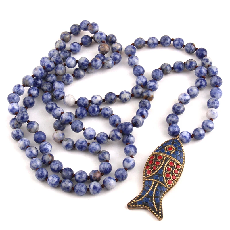 Free Shipping F Artisan Halsband Long Knot Blue Dot Stones Bead Fish Necklaces image 3