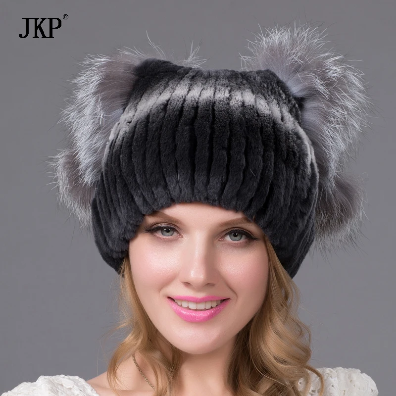 Women\'s Real Natural Rex Rabbit Knitted Winter Hat Warm Thick Fox Fur Ball Plush Cap Cute Stitching Female Header Gift THY-29