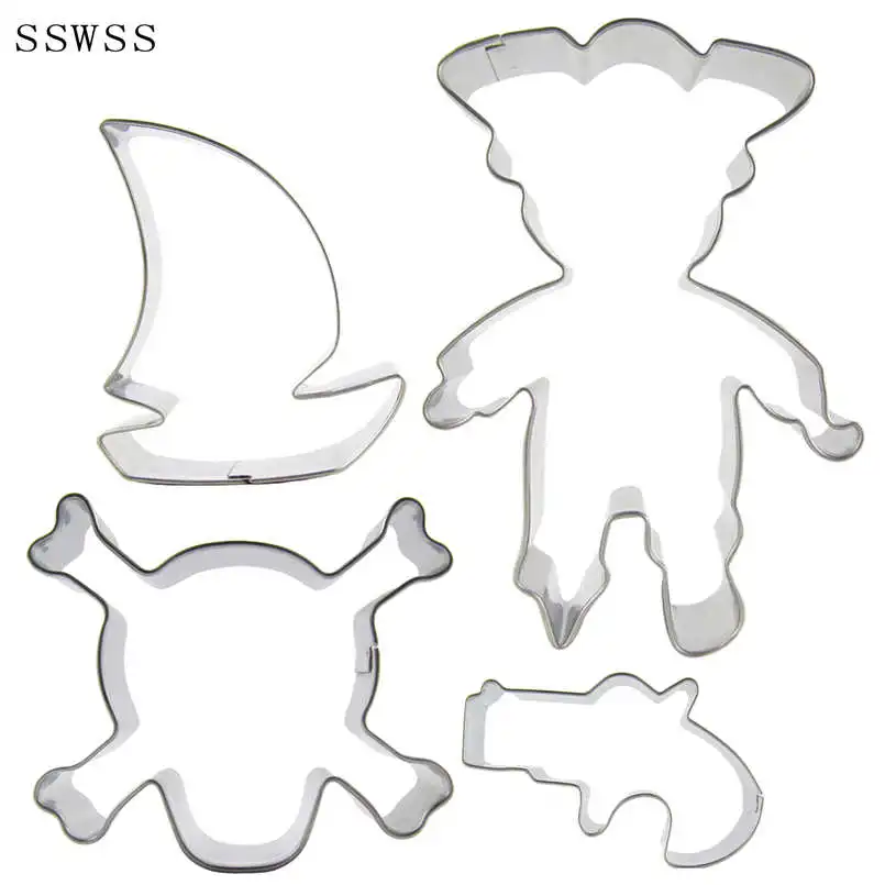 4 Cartoon Pirates Figure,Sailboat,Mini Pistol,Captain Pirate,Skull,Cookie Cutter Baking Molds,Cake Decorating Fondant Tools