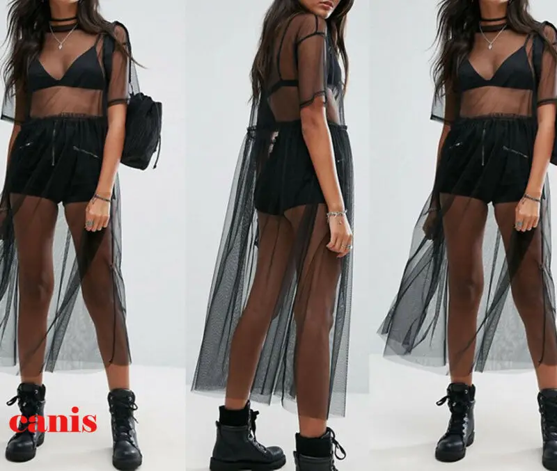 New Fashion Women Sexy Black See-through Mesh Long Tops Ladies Summer Short Sleeve Sheer Tulle Lace Long T Shirts