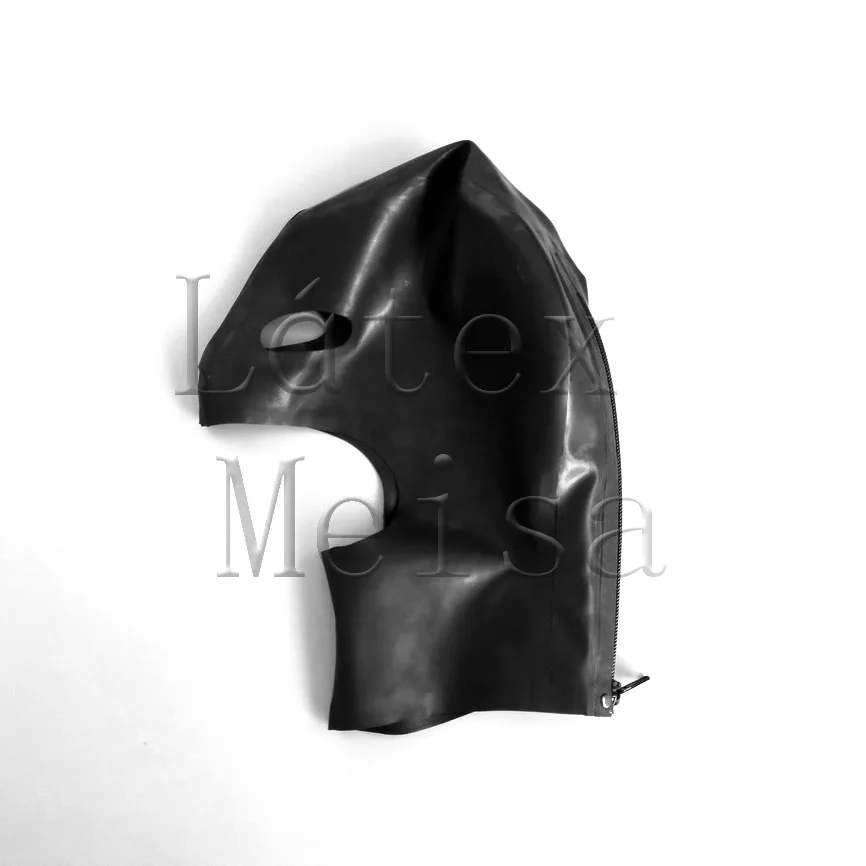 hoods with 100% natural latex materials and open eyes mouth and chin in black color with back zip for adults