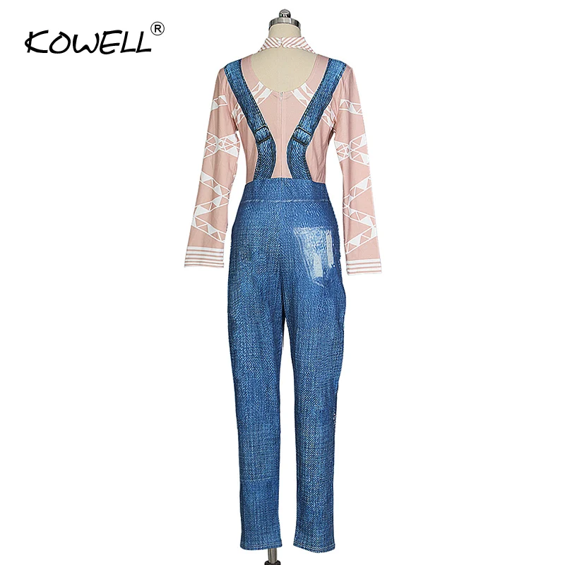 2019 dolcevita donna manica lunga Denim tute stampa geometrica Patchwork Denim Slim Zip posteriore un pezzo pagliaccetti Casual complessivi