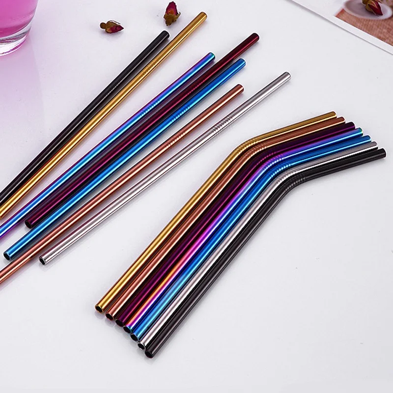 500Pcs/Lot 215mm*6mm Colorful 304 Stainless Steel Straws Reusable Drinking Straw High Quality Bent Metal Straw Free laser logo