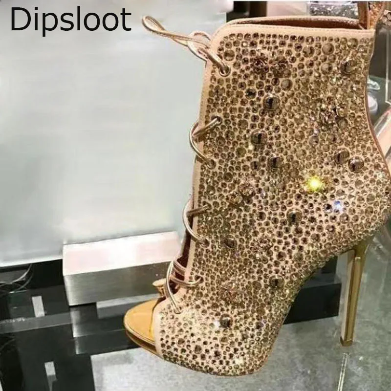 

Factory Crystal Rivets Drilled Peep toe Lace Up Ankle Boots Plated High Heel Women Sexy Ladies Glitter Rhinestone Dress Bottines