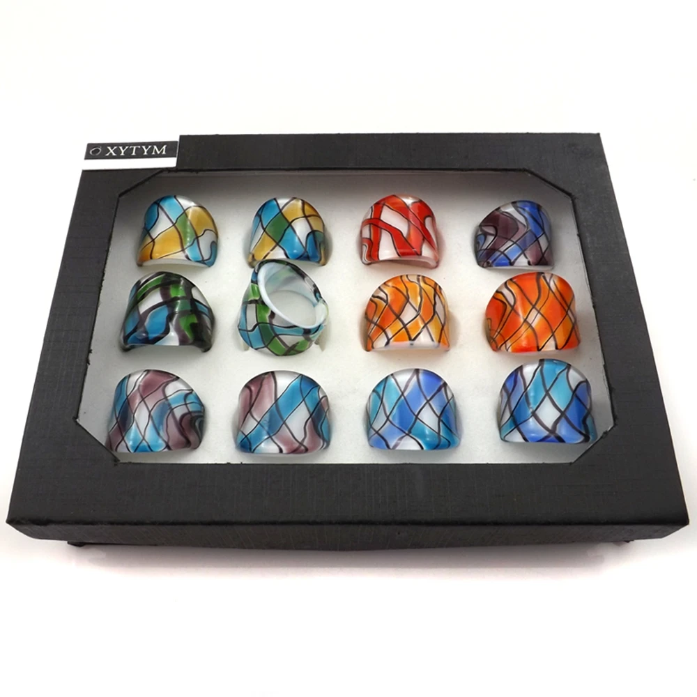 Wholesale 12pcs Silver Foil Glass Rings With Multicolor Ribbon Design, All Glass Work Jewelry