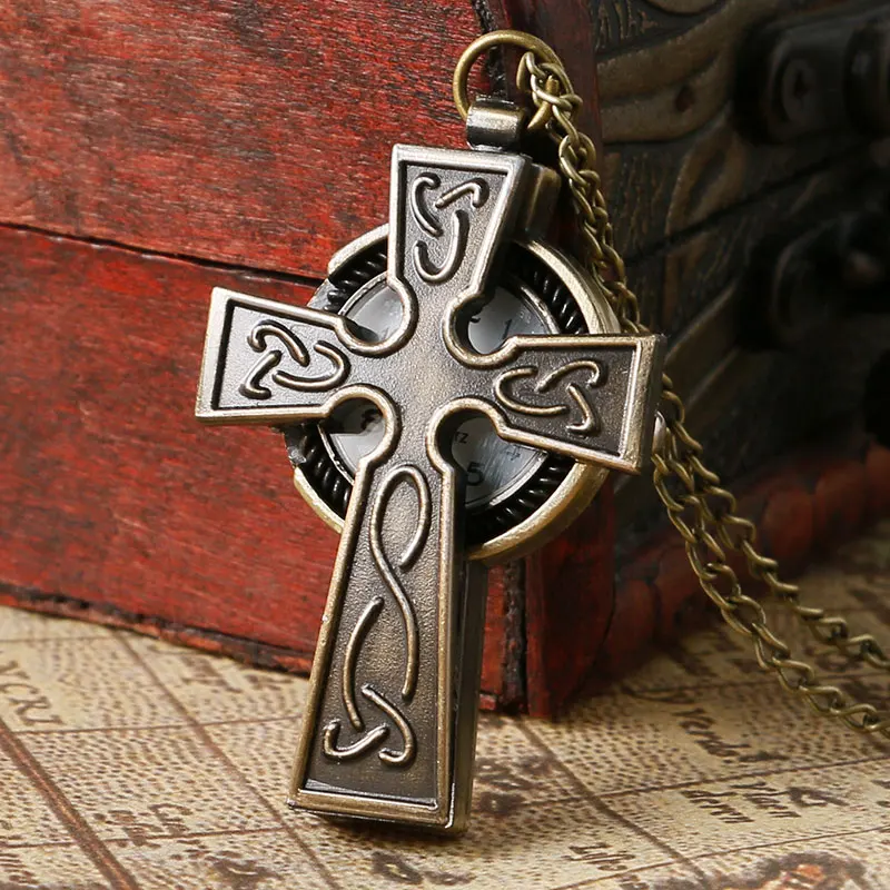 Cool Cross Design Vintage Bronze Quartz Fob Pendant Pocket Watch With Necklace Chain Best Gift