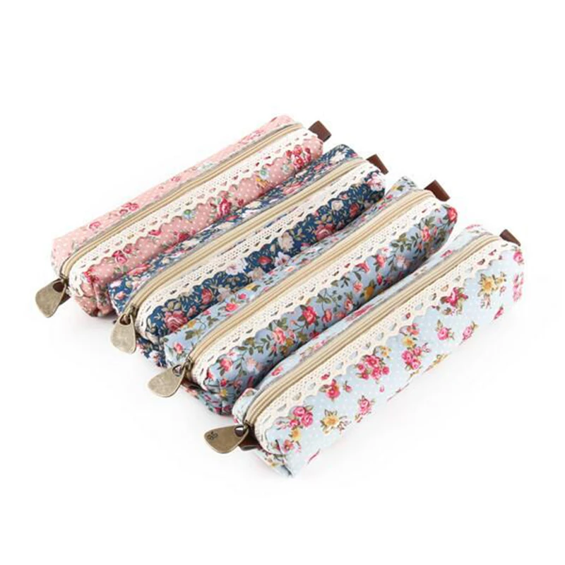 1 Pcs Fashion Mini Retro Flower Floral Lace Pencil Shape Pen Bag Make Up Bag Zipper Pouch Purse