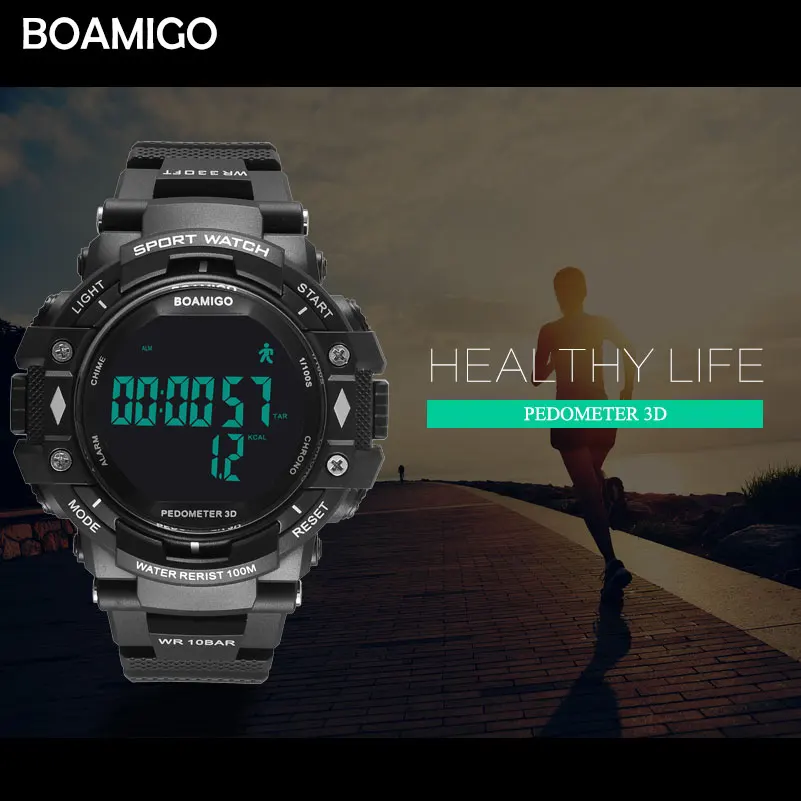 BOAMIGO shock Men Digital Sports Military Watches Led Swim 100m Waterproof pedometer calorie man smart watch Relogios Masculino