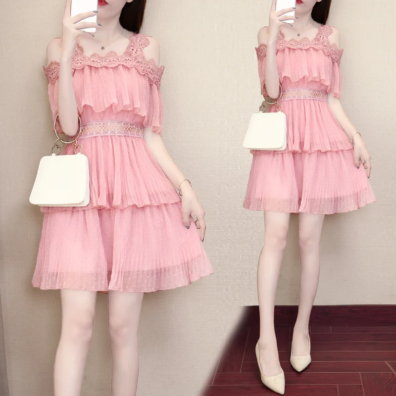 

2023 summer teenage girls pink dresses kids clothes 14 years old 165 cm female Chiffon dress