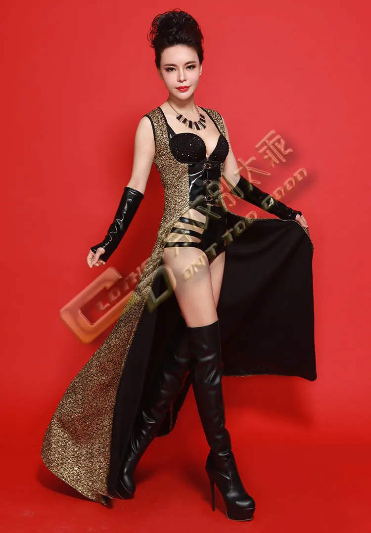 Female Singer Female Dj Costume Costumes   Dust Coat Type Dress  Gold Silver Shining Bright Red Elegant Bar nightclub  dress