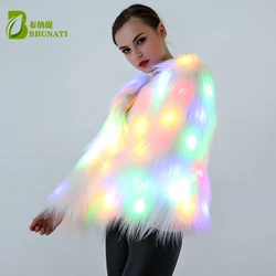 Women Faux Fur LED Light Coat Christmas Costumes Cosplay Fluffy Fur Jacket Outwear Winter Warm Festival Party Club Overcoat