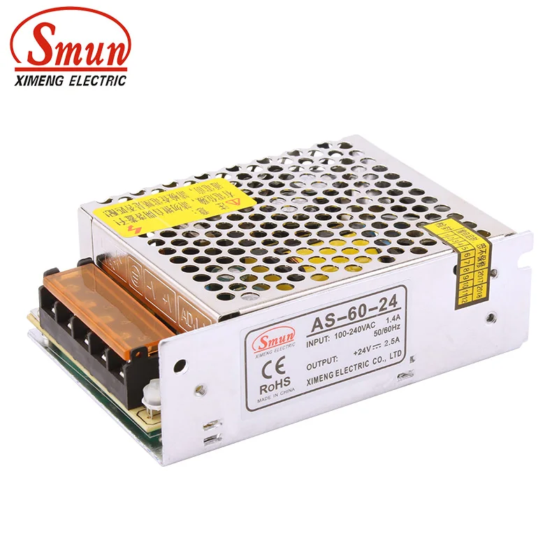 SMUN AS-60-24 60W 24V 2.5A Mini Size Single Output Switching Power Supply With CE ROHS 2 Year Warranty