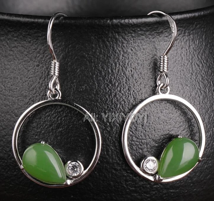 Beautiful 925 Silver Green HeTian Jade Beads Inlay Hollow Round Drop Dangle Earrings Lucky Earring Ear Jewelry Certificate