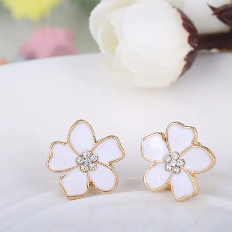 GRACE JUN Rheinstone Enamel Flower Shape Clip on Earrings Without Piercing for Girls Party Cute No Hole Ear Clip Charm Jewelry