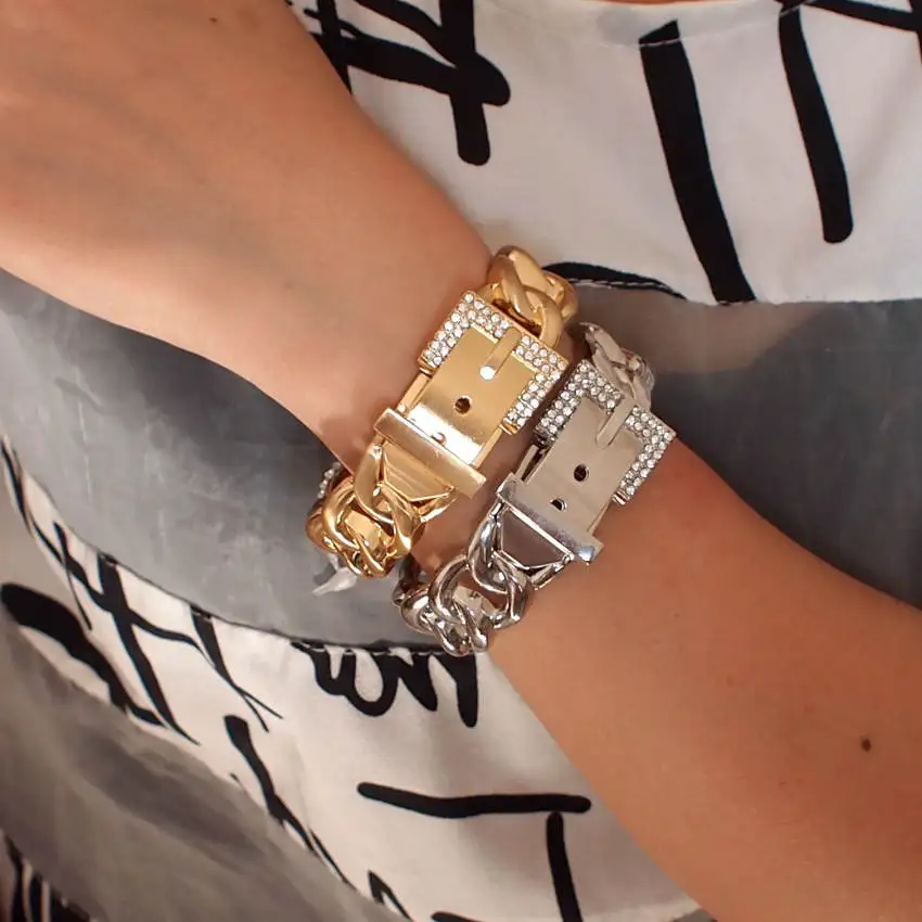 MANILAI Fashion Women Belt Design Bracelets Accessories Zinc Alloy Rhinestones Metal Charm Cuff Bangles Statement Jewelry Punk