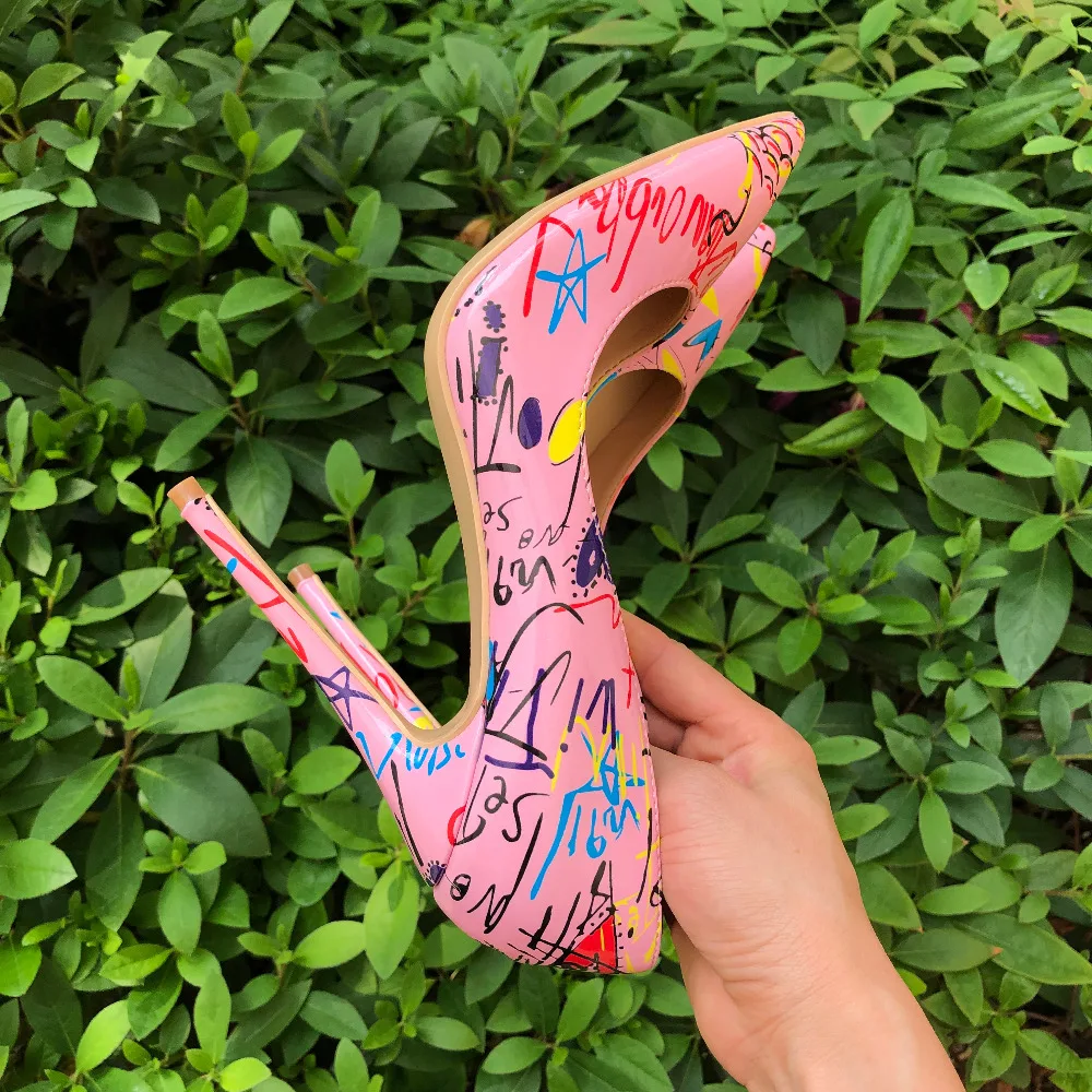 Veowalk Artistic Graffiti Print Women Sexy Stiletto High Heels Pink Ladies Party Pointed Toe Pumps Shoes Color Customized Accept