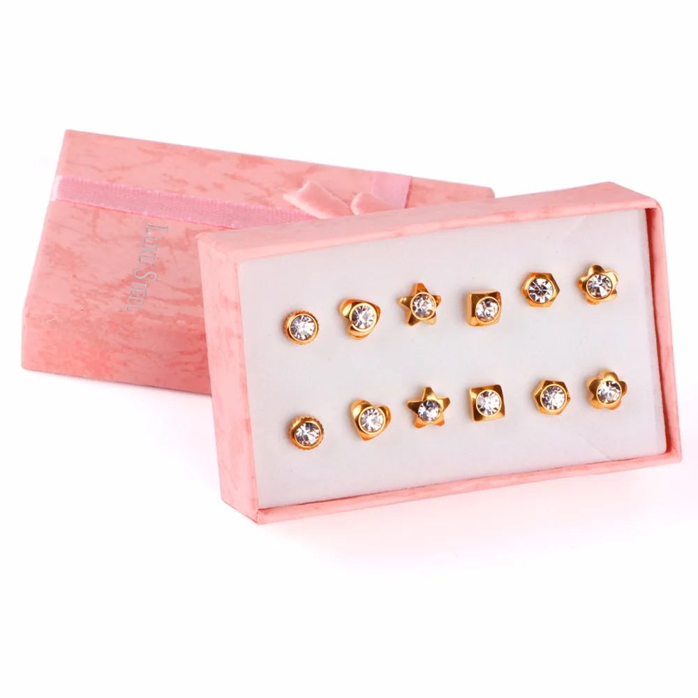 LUXUKISSKIDS 6Pairs/Box Zircon Stud Earring Set For Women Stainless Steel Christmas Jewelry CZ Golden Small Pendientes Brincos