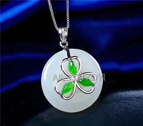 Beautiful Real 925 Silver White Green HeTian Jade Flower Round Buckle Lucky Pendant + Free Necklace Fine Jewelry Certificate