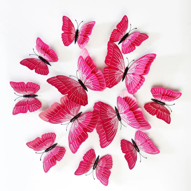 12 Uds siete colores sólidos doble capa 3D mariposa pegatina de pared para decoración del hogar de boda imanes mariposas pegatinas de nevera