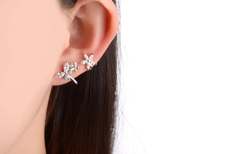 Hot Sell Fashion Butterfly Shiny Crystal Female 925 Silver Needle Ladies Stud Earrings Jewelry Wholesale Promotion Gift