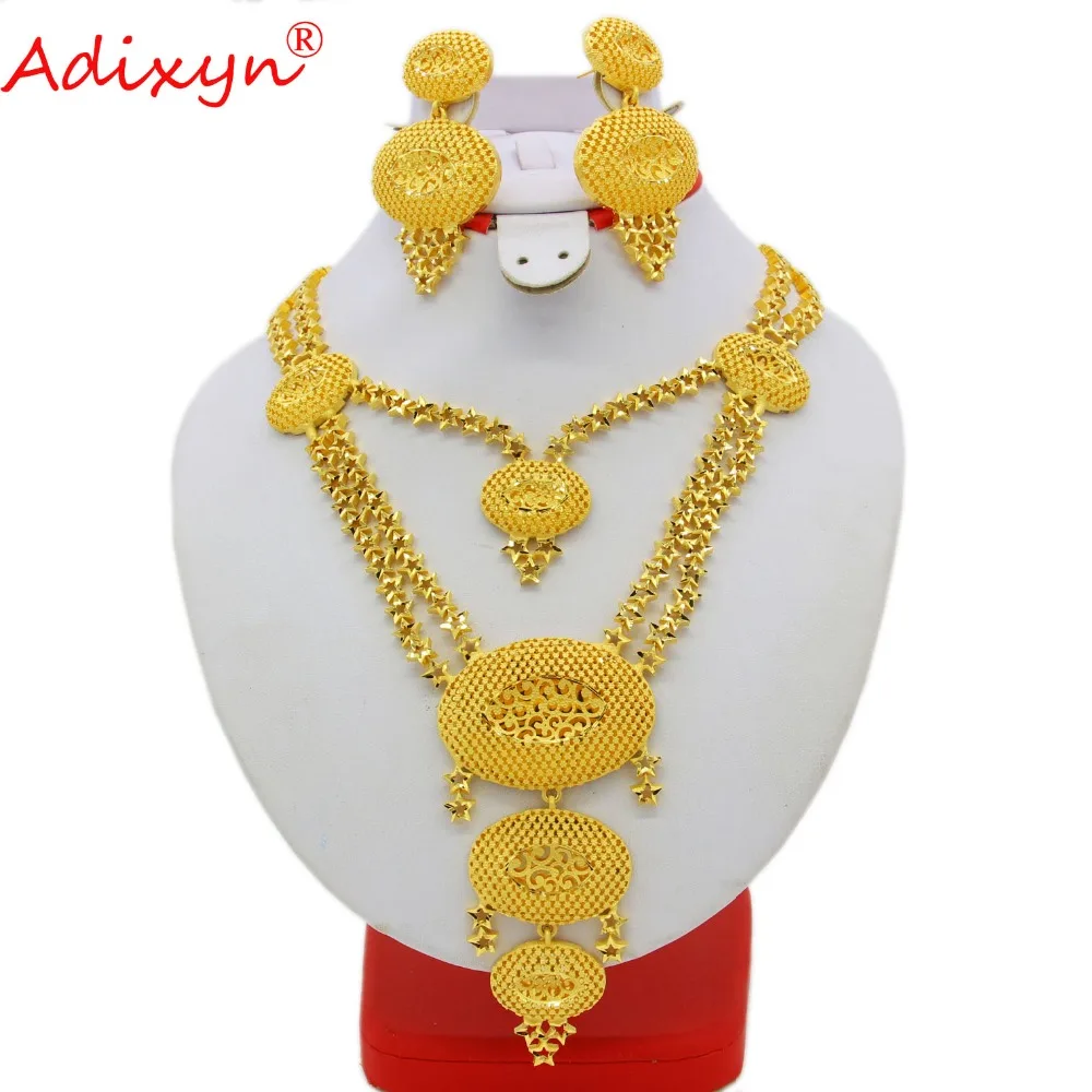 Adixyn Dubai Long Necklace/Earrings Bride Wedding Party Gift African Jewelry Sets  Gold Color Jewelry for Womens N09061