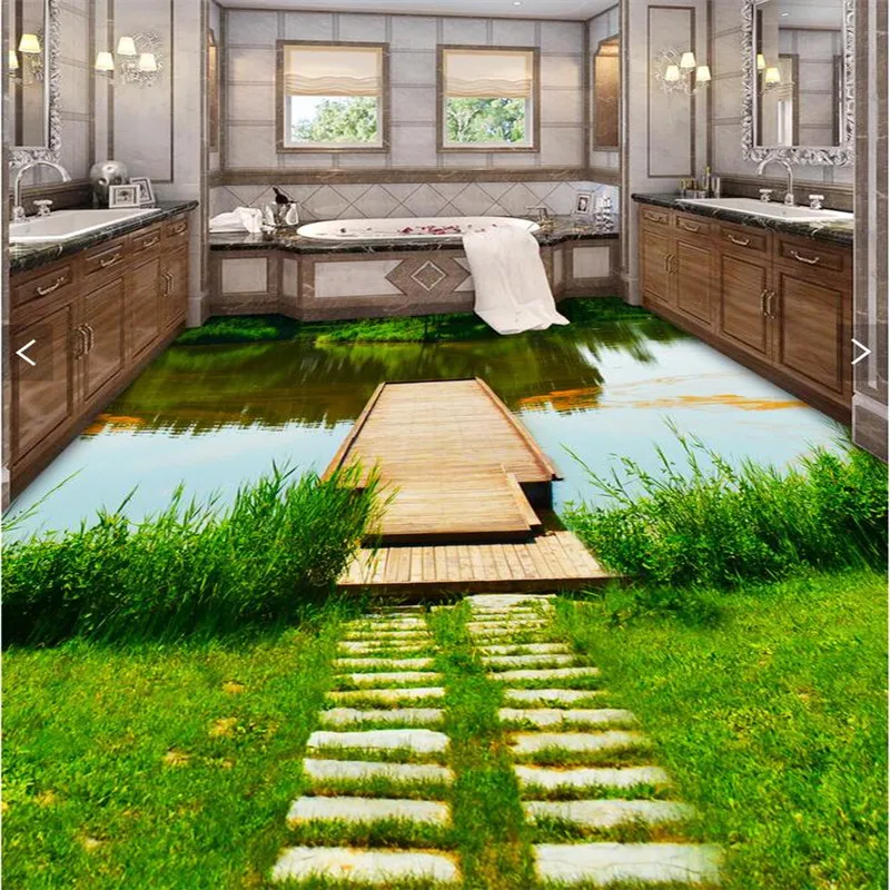 beibehang Floor 3D Wallpaper green trail lake Bathroom Floor Mural-3d PVC Wall paper Self-adhesive Floor painting wall stickers