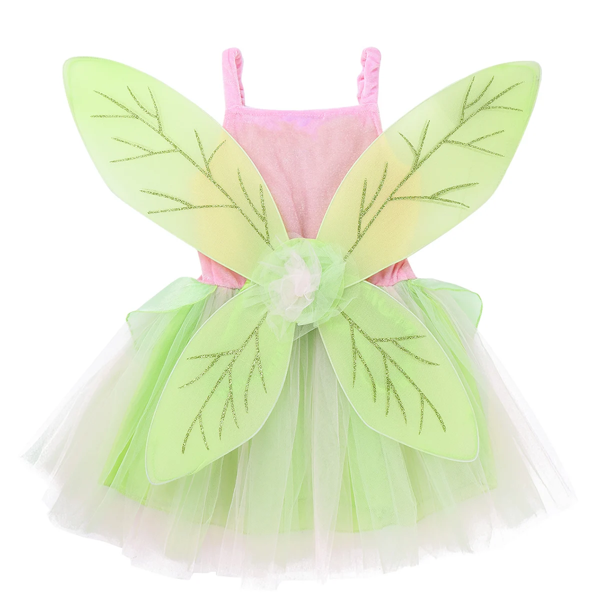 Kids Girls Green Fairy Costume Sleeveless Mesh Princess Fancy Dress with Glittery Wings for Halloween Dress Up Cosplay Party