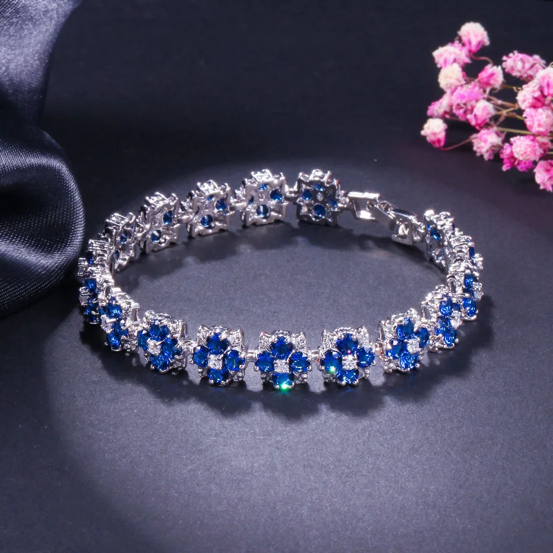 CWWZircons High Quality White Gold Color Chain Link CZ Zirconia Stone And Austrian Light Blue Crystal Bracelets for Women CB187