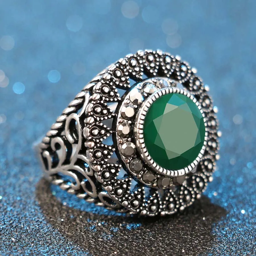 Hot Sale Vintage Red Green Ring Black Crystal Hollow Tree Pattern Rings For Women Tibetan Silver Jewelry Free Shipping