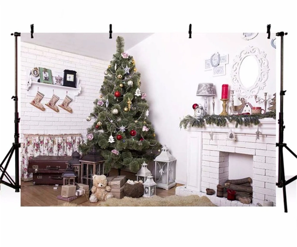 Indoor White Wall Fireplace Christmas Tree Backdrop Printed Retro Suitcases Presents Toy Bear Baby Kids Xmas Party Background