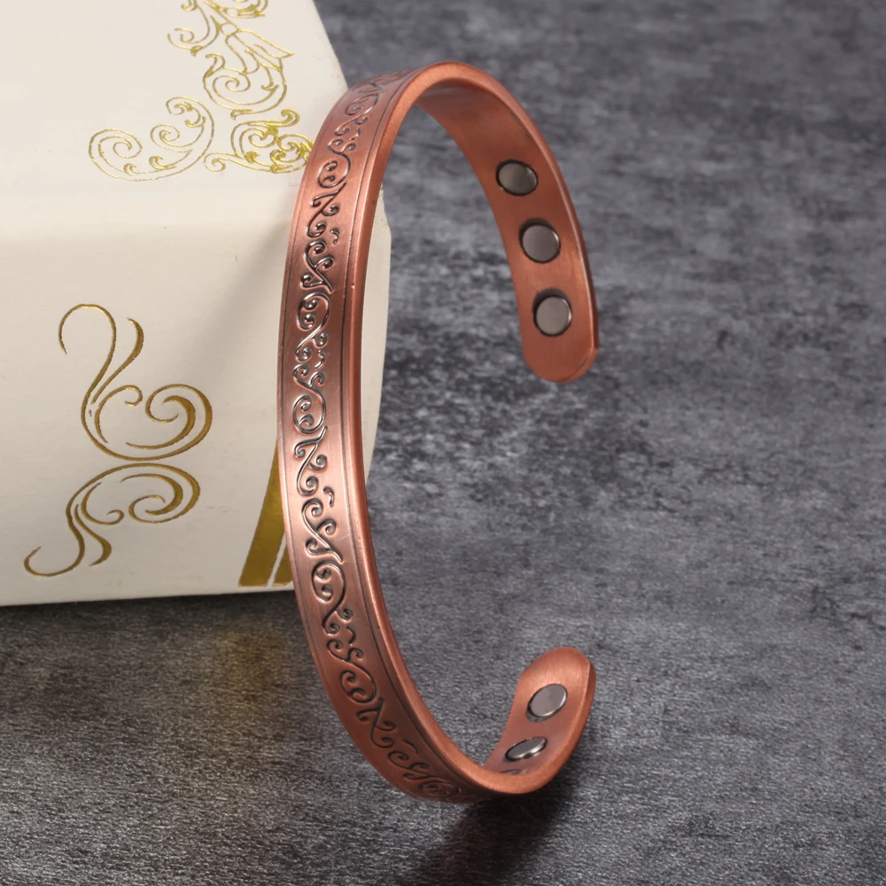 Vinterly Magnetic Bracelets Pure Copper Unisex Health Energy Bangles Vintage Flower Adjustable Open Cuff Jewelry Women Resizable