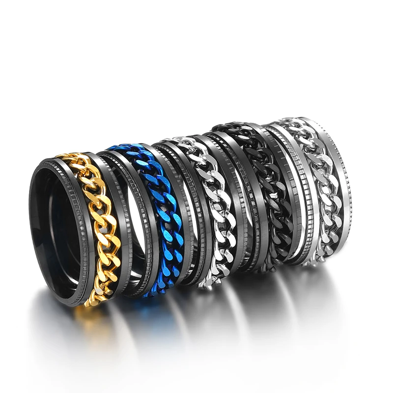 Letdiffery Punk 8mm Spinner Chain Men Rotatable Ring Black Blue Stainless Steel Rotatable Cool Jewelry Party Gift