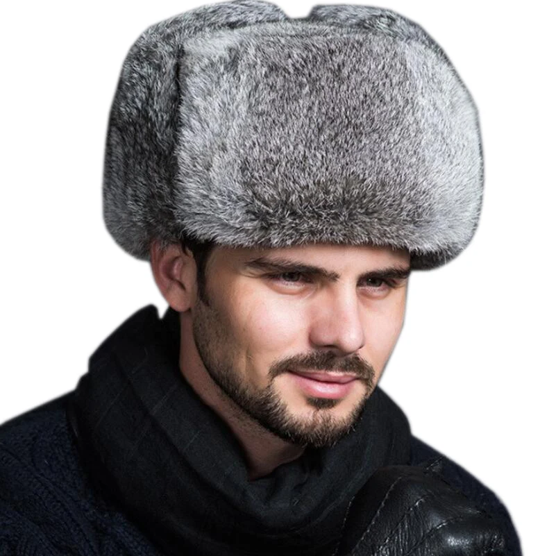 

High Quality Mens 100% Real Rabbit Fur Winter Hats Lei Feng hat With Ear Flaps Warm Snow Caps Russian Hat Bomber Cap