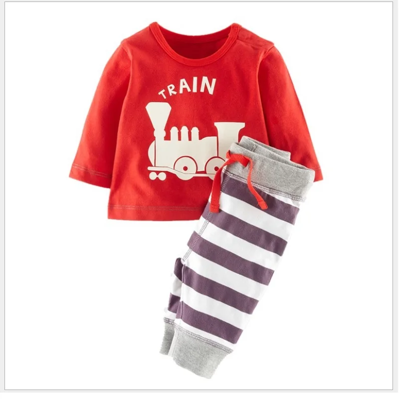 Hooyi Baby Boys Clothes Train Stripe Pants Kids T Shirts Pajamas Sets Toddler Clothes Set Fashion Children tops pants