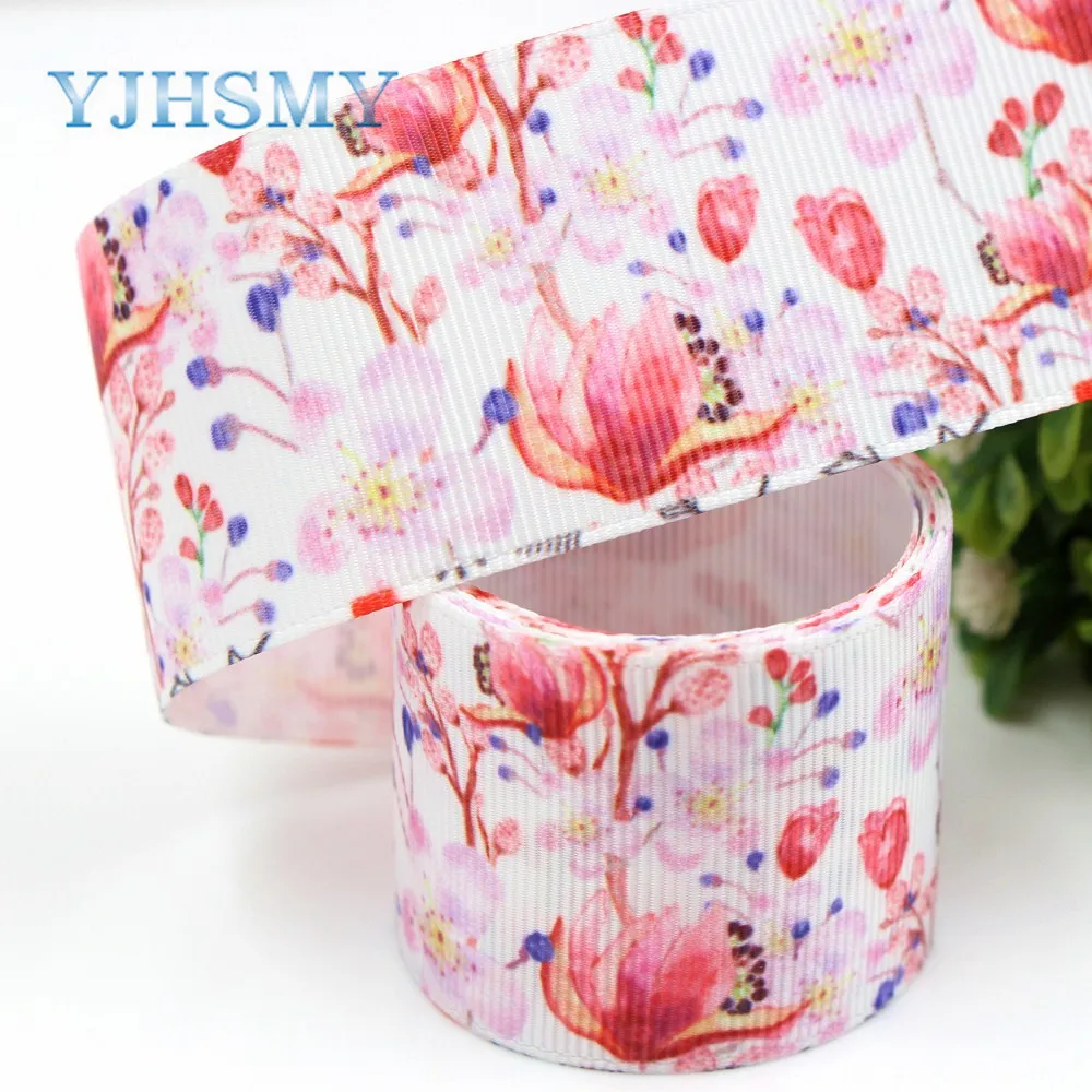 YJHSMY G-18716-634,10 yard 38 mm flower Ribbons Thermal transfer Printed grosgrain Wedding Accessories DIY handmade material