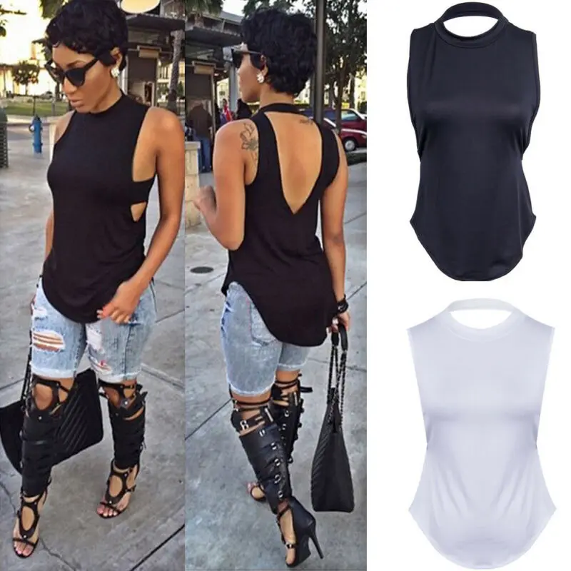 Women Fashion Summer Sexy Open Back Tank Tops Hollow Out Vest Basic Solid Black White Sleeveless Casual Summer Loose Solid Top