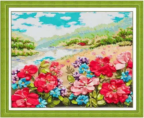 

Needlework,DIY Ribbon Cross stitch Sets for Embroidery kit, Beautiful flowers floral Cross-Stitch handcraft wall home decor