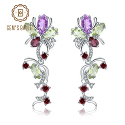 GEM'S BALLET Flower Multicolor Natural Peridot Amethyst Garnet 925 Sterling Silver Vintage Drop Earrings Fine Jewelry for Women