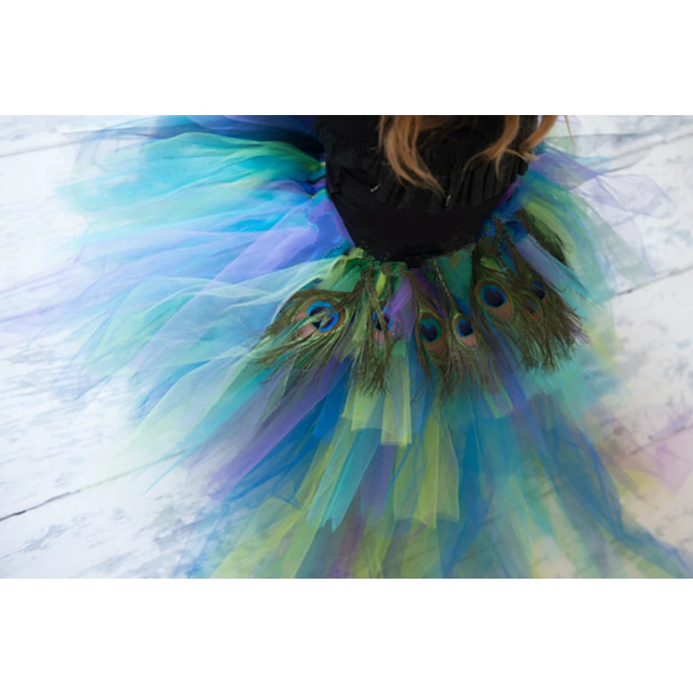 Peacock Feathers Girls Tutu Skirt Trailing Tulle Baby Girl Tutu Skirt Fluffy Kids Skirts For Girls Party Halloween Costume 1-14Y