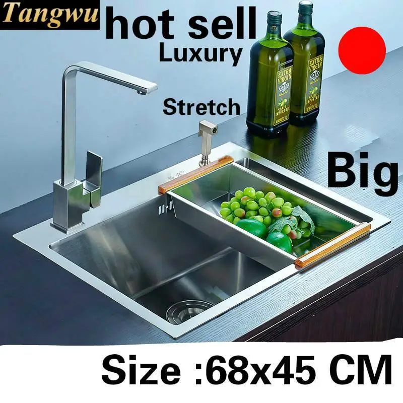 

Free shipping Apartment large kitchen manual sink single trough 304 stainless steel do the dishes hot sell luxury 680x450 MM