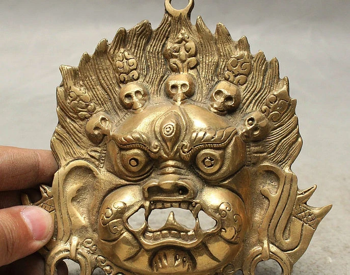 Tibet Buddhism Temple Brass Mahakala Head Mask Buddha Face Statue Sculpture 15.5cm