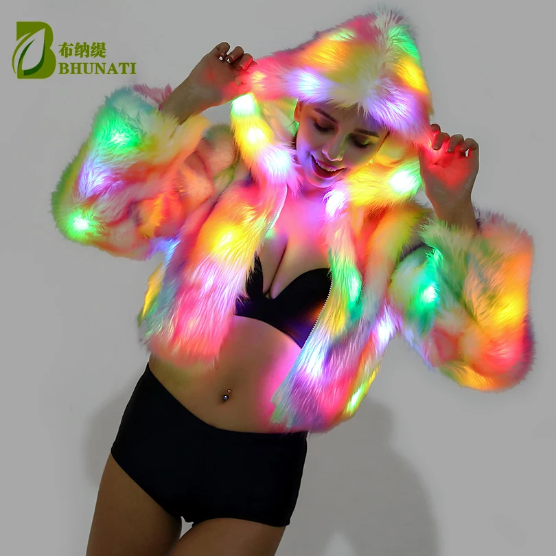 LED furry Faux fur coat costumi da palcoscenico costume femminile LED abbigliamento luminoso giacca dance show cappotti in pelliccia sintetica star discotheque