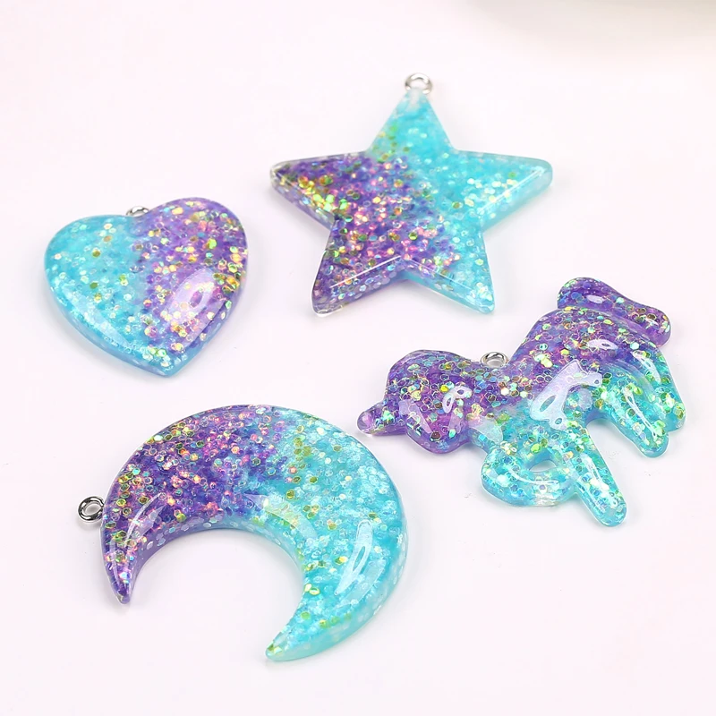 10Pcs Resin Charms Glitter Unicorn Moon Star For Keychain Pendant Necklace DIY Making