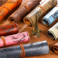 Vintage Roll Leather Pencil Case Bag Treasure Map Large Pencil Cases Student Pen Storage Bag School sketch Colored Pencil Volume