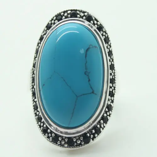 925 Sterling Silver 17X30mm Blue Turquoises Oval Gems Marcasite Ring Size:8-11