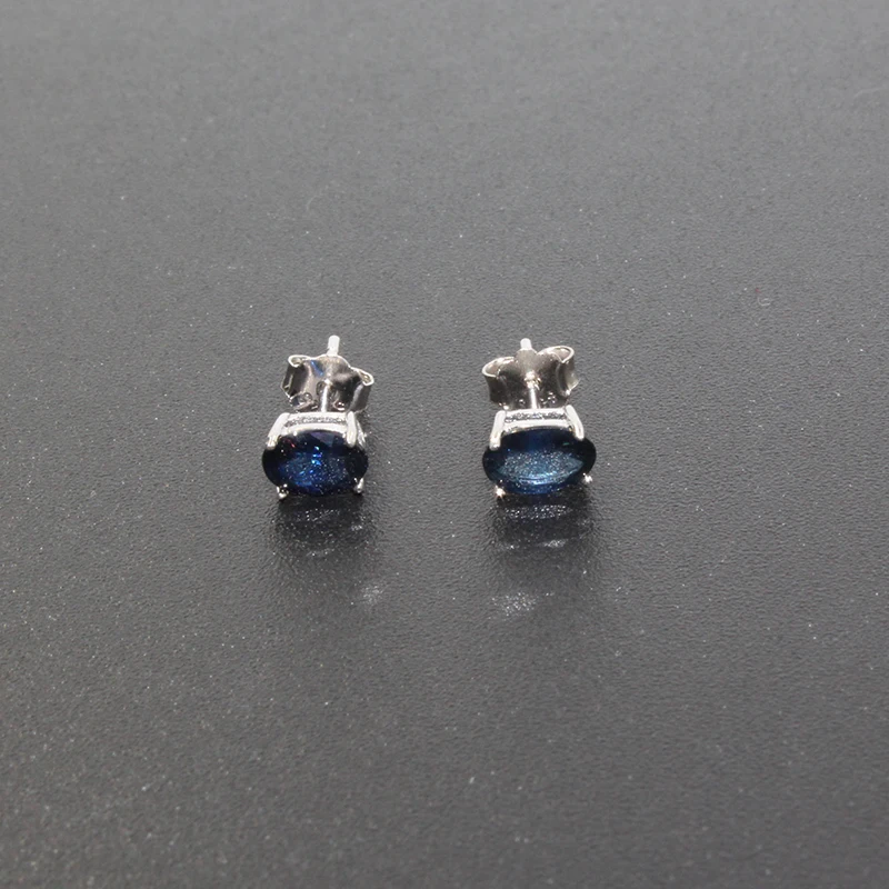 100% genuine sapphire stud earrings 4 mm* 6mm dark blue sapphire gemstone earrings simple 925 silver sapphire earrings for girl