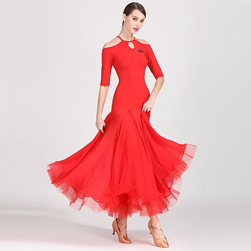 Schulter freies Ballsaal kleid Standard Frauen spanisches Kleid Tanz tragen rotes Flamenco-Kleid lyrische Tanz kostüme Abschluss ball Party kleid