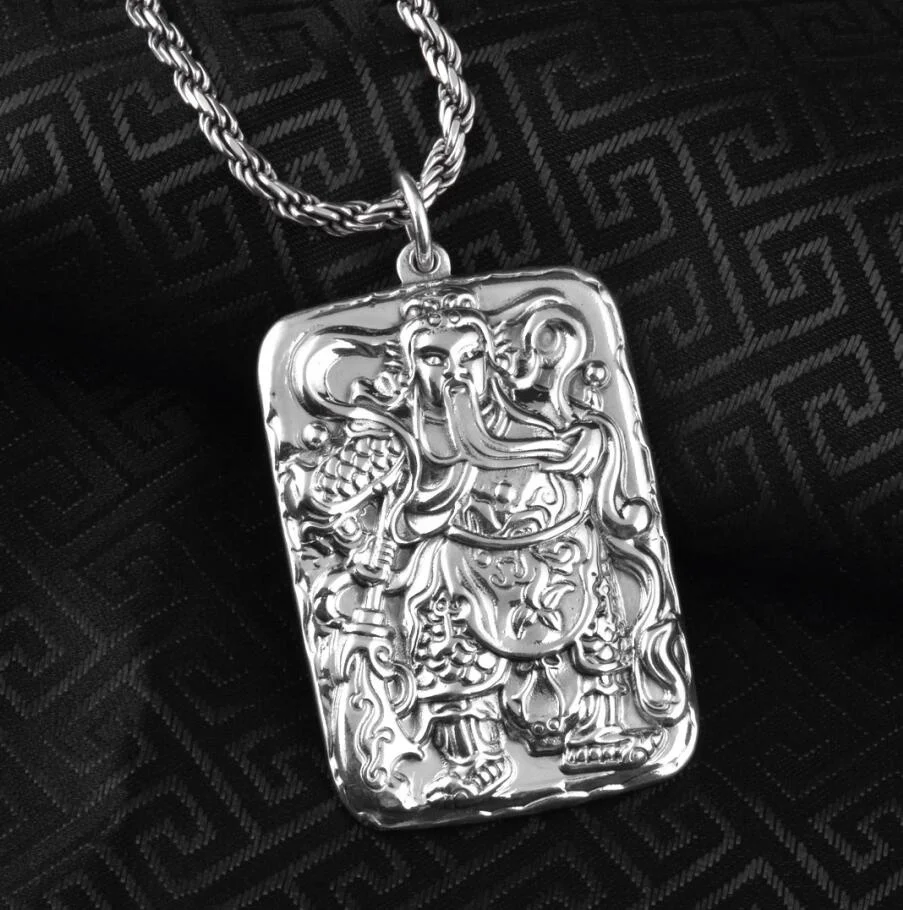 

Unibabe Pure Silver Sterling 999 Solid Silver Chinese Guan Yu Statue Totem Tag Plate Pendant Antique Men's Jewelry