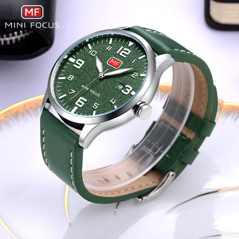 MINI FOCUS Army Sport Ultra Thin Quartz Watches Men Leather Strap Military Waterproof Wristwatch Man Clock Relogios 0158G Green